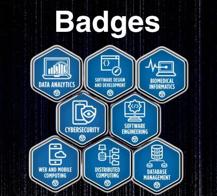 Badges text and icons on a dark digital background.